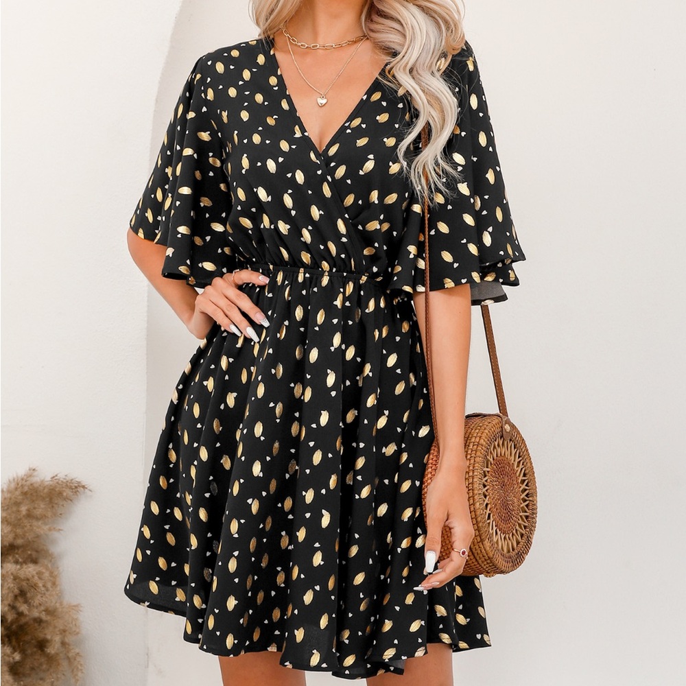 Cupshe Black Mini Dress with Yellow Leaf Print